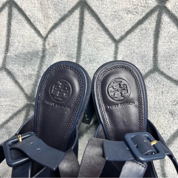Tory Burch Navy Women's Delaney Embellished Leather Block Heel Sandals - Picture 12 of 16